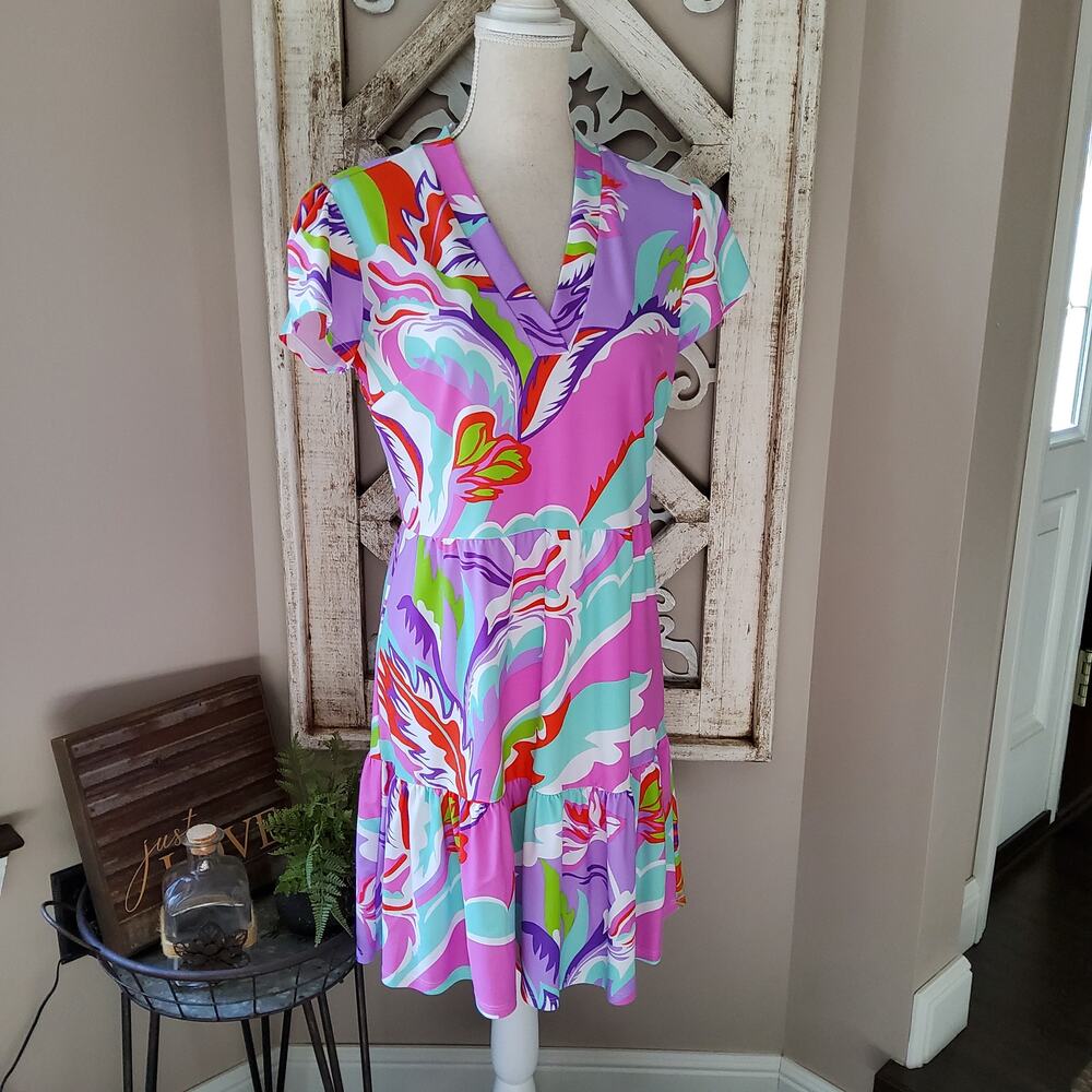 Jude Connally vibrant flutter sleeve ruffle hem mini dress size small